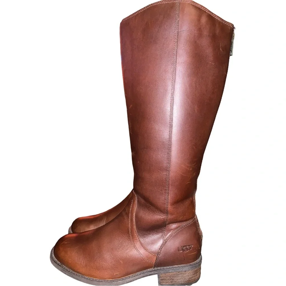 UGGs Seldon Leather Tall Boots Back Zip Size 6 Dark Chestnut Brown 1006038